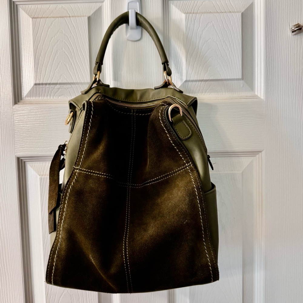 Moda Luxe Olive Green Suede & Leather Backpack Vegan - Picture 4 of 16
